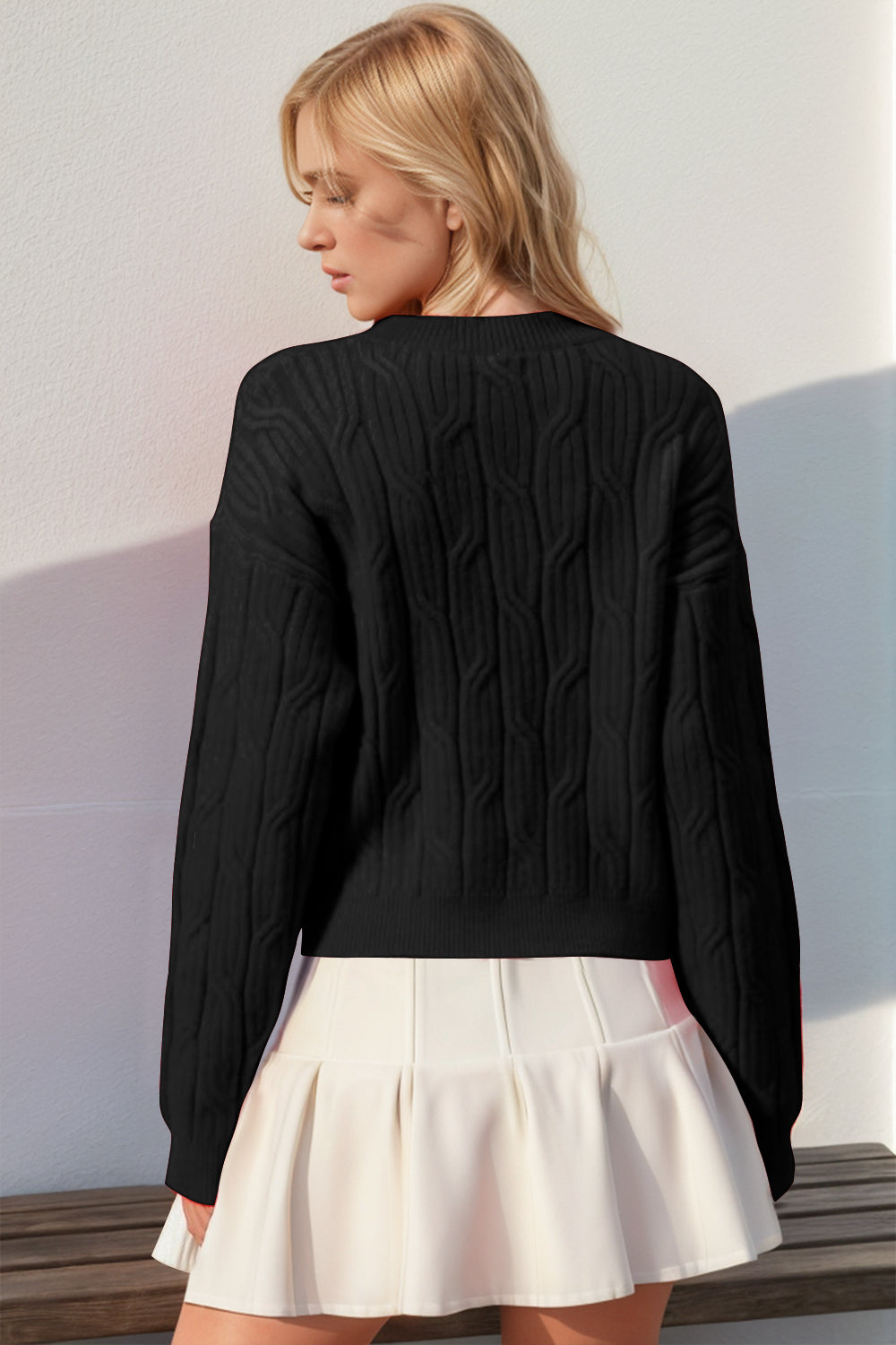 DOUBLE Full Size Bow Cable-Knit Round Neck Sweater