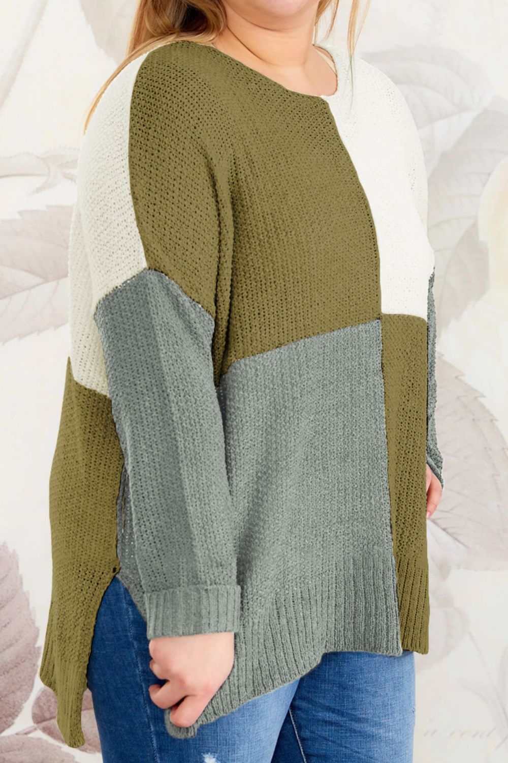 SYNZ Plus Size Color Block Round Neck Sweater
