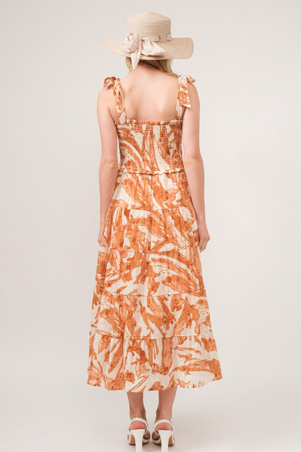 AND THE WHY Hazelnut Tie Shoulder Smocked Midi Tiered Dress