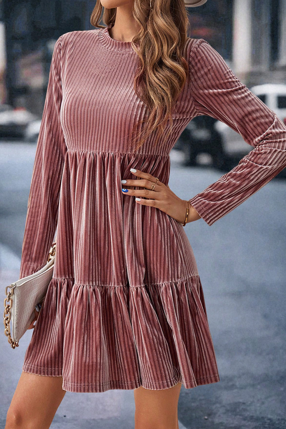 Brown Tie Back Square Neck Velvet Babydoll Dress