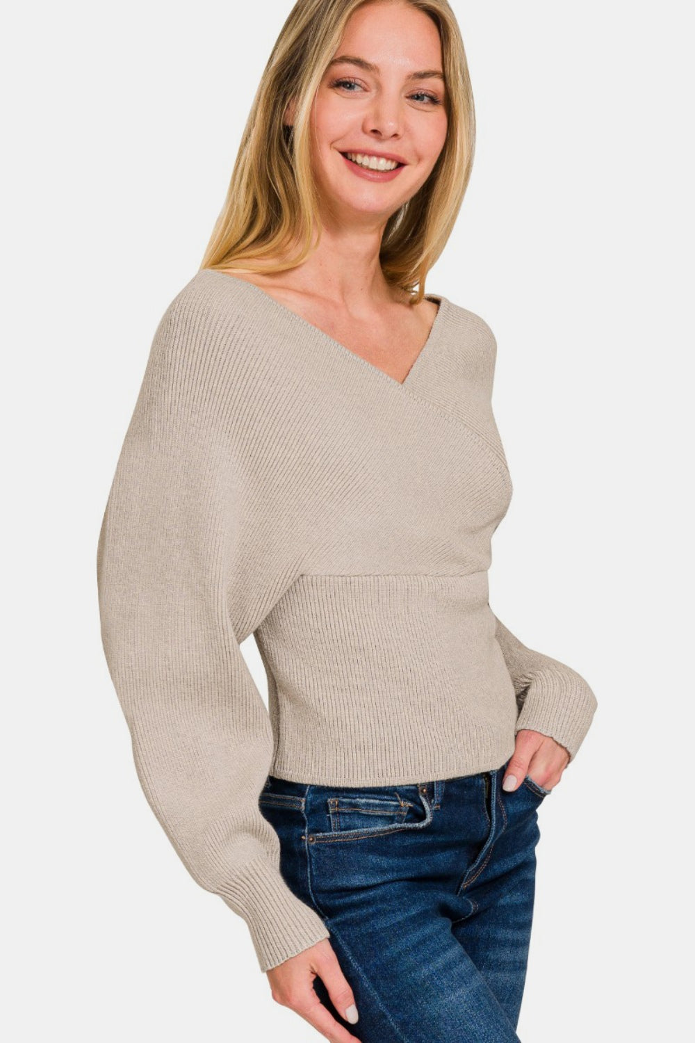 ZENANA Cross Wrap Rib Long Sleeve Sweater