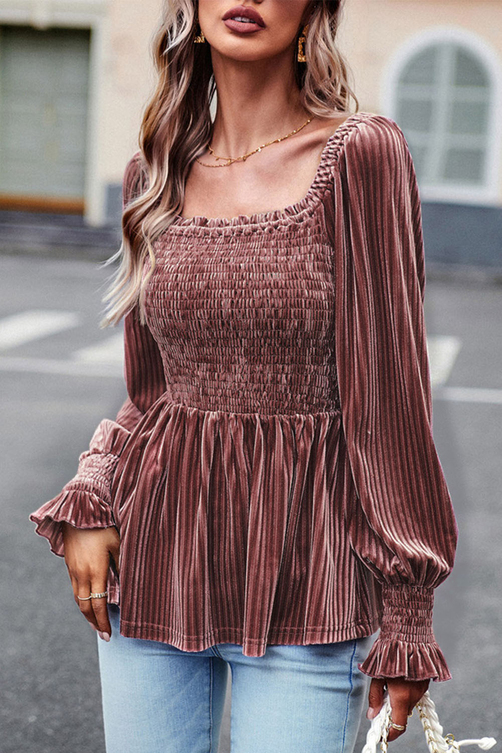 Brown Tie Back Square Neck Velvet Babydoll Dress