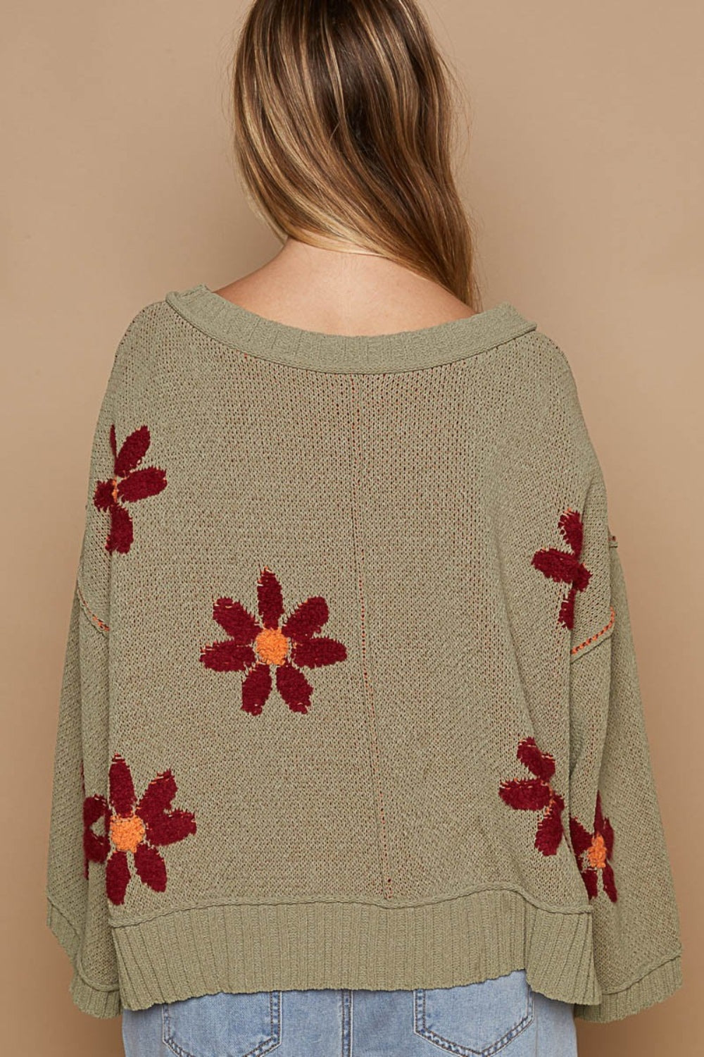 POL Olive V-Neck Floral Pattern Chenille Sweater