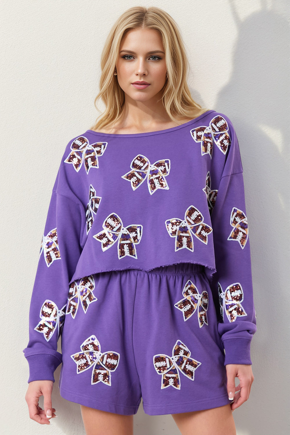 DOUBLE TAKE Women's 2 Piece Purple Cropped Sweatshirt and Shorts Set with Sequin Bow