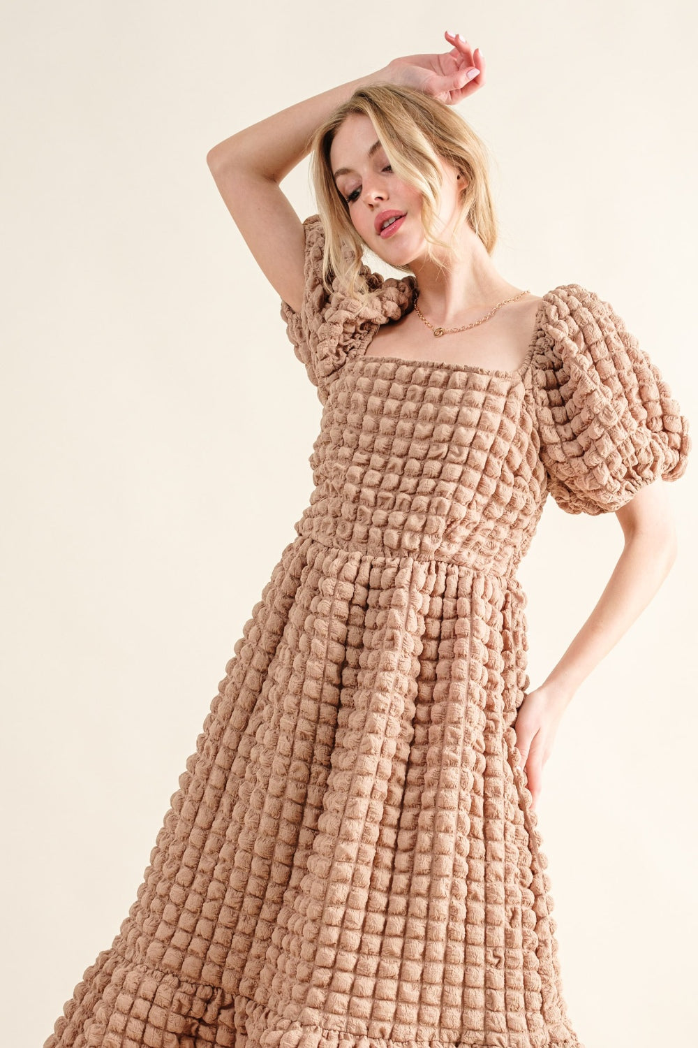 And The Why Women's Full Size Latte Square Neck Puff Sleeve Dress