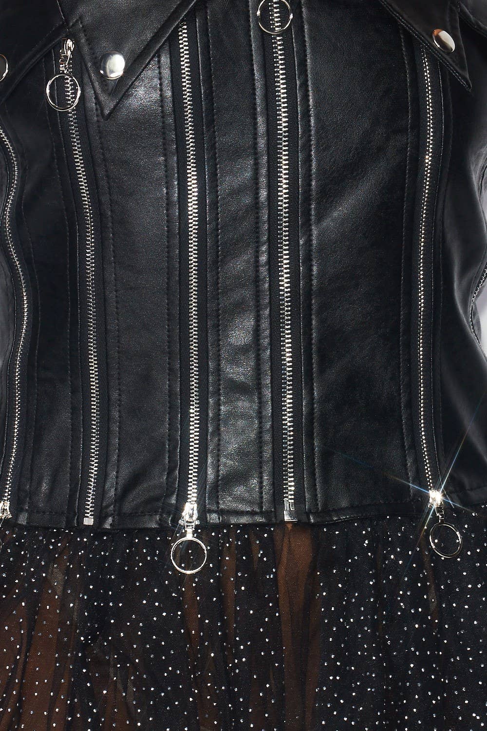 KAYLA Women's Black Contrast Mesh Faux Leather Zipper Detail Tutu Strapless Dress