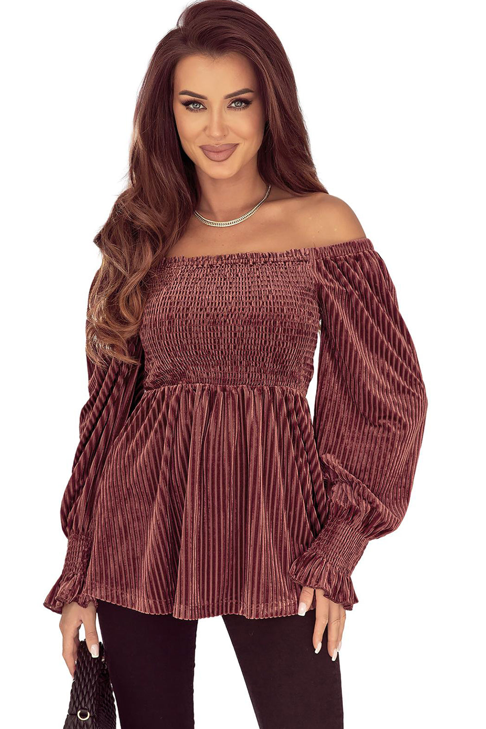Brown Tie Back Square Neck Velvet Babydoll Dress