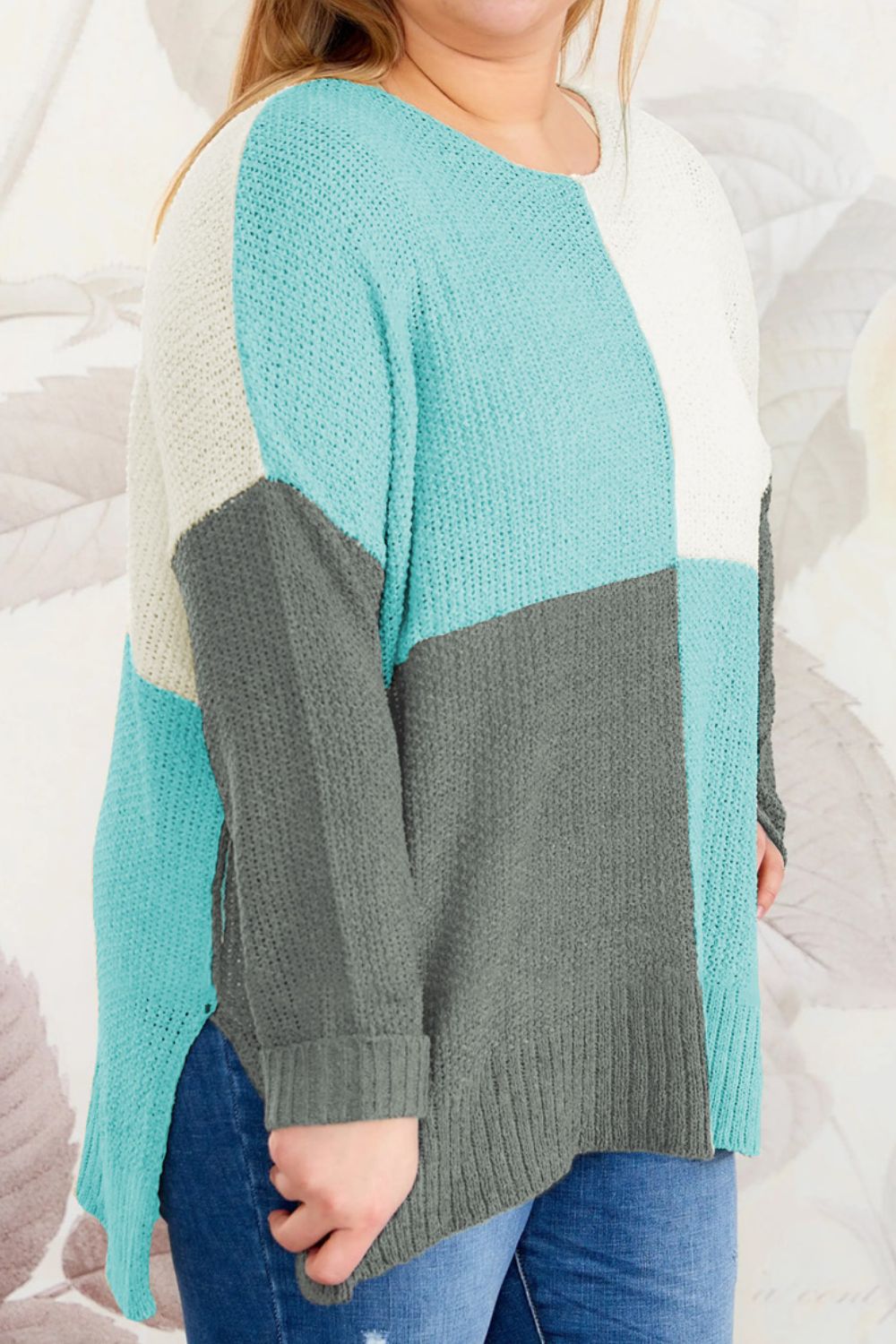 SYNZ Plus Size Color Block Round Neck Sweater
