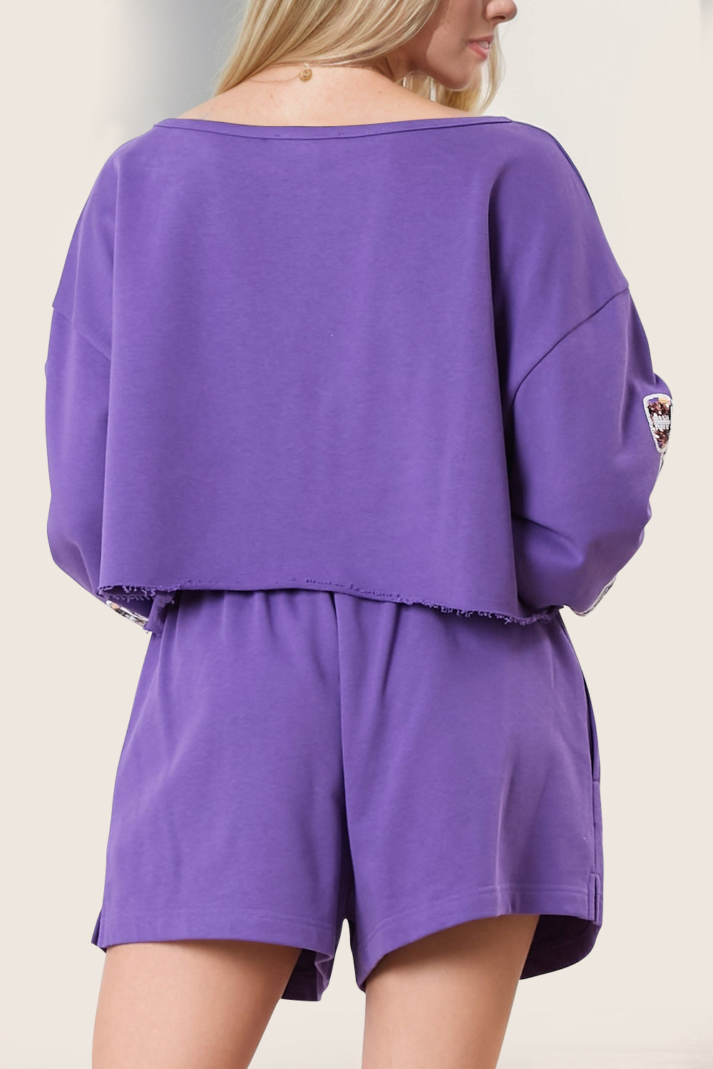 DOUBLE TAKE Women's 2 Piece Purple Cropped Sweatshirt and Shorts Set with Sequin Bow