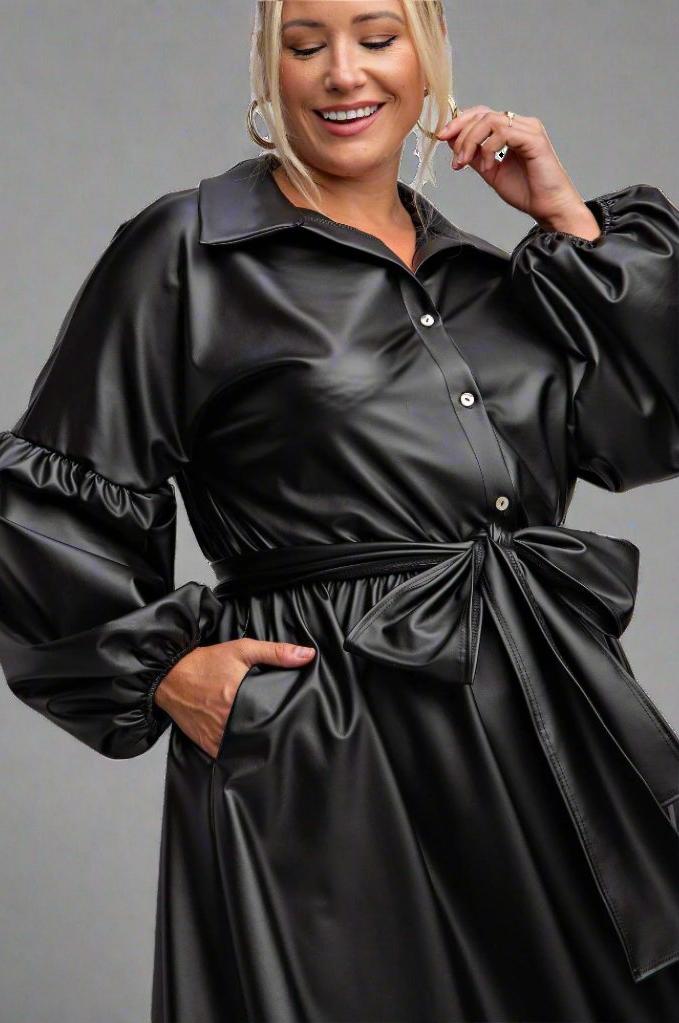 VICTORIA Women's Black Plus-size Faux Leather Button-front Midi Dress