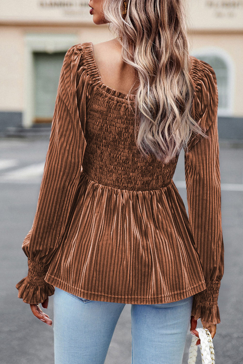 Brown Tie Back Square Neck Velvet Babydoll Dress