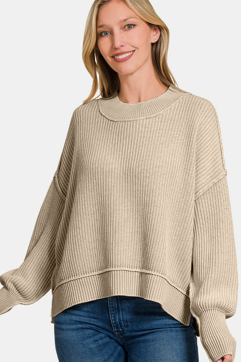 ZENANA Light Mocha Exposed Seam Round Neck Dropped Shoulder Sweater