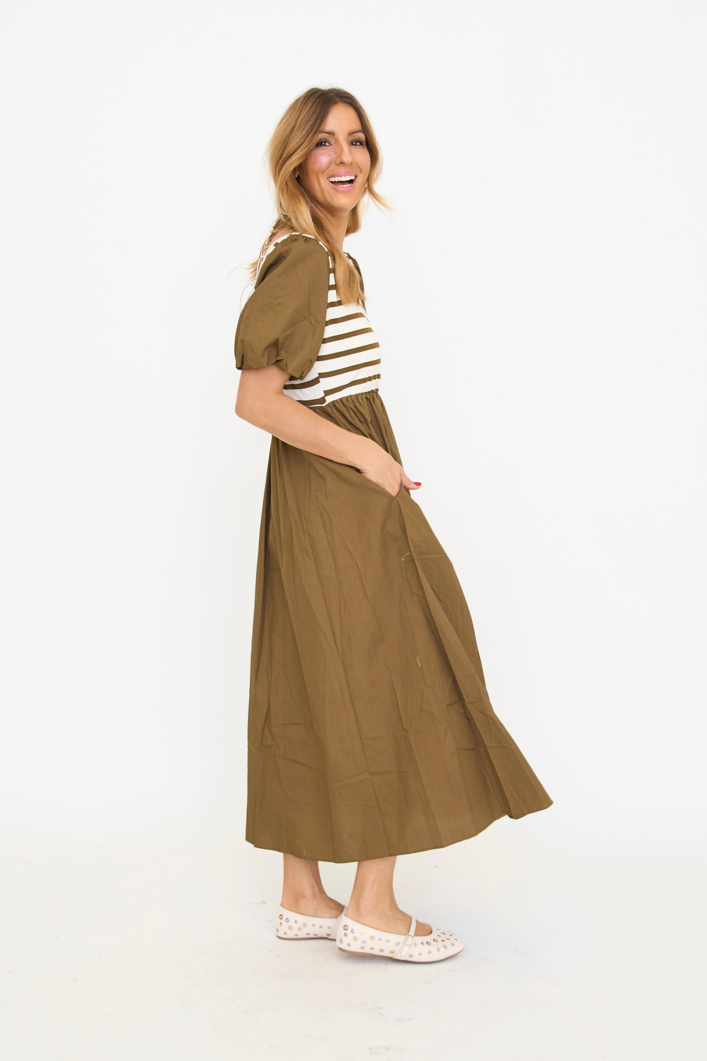 ANNIEWEAR Women's Balloon Sleeve Mixed Media Midi Dress