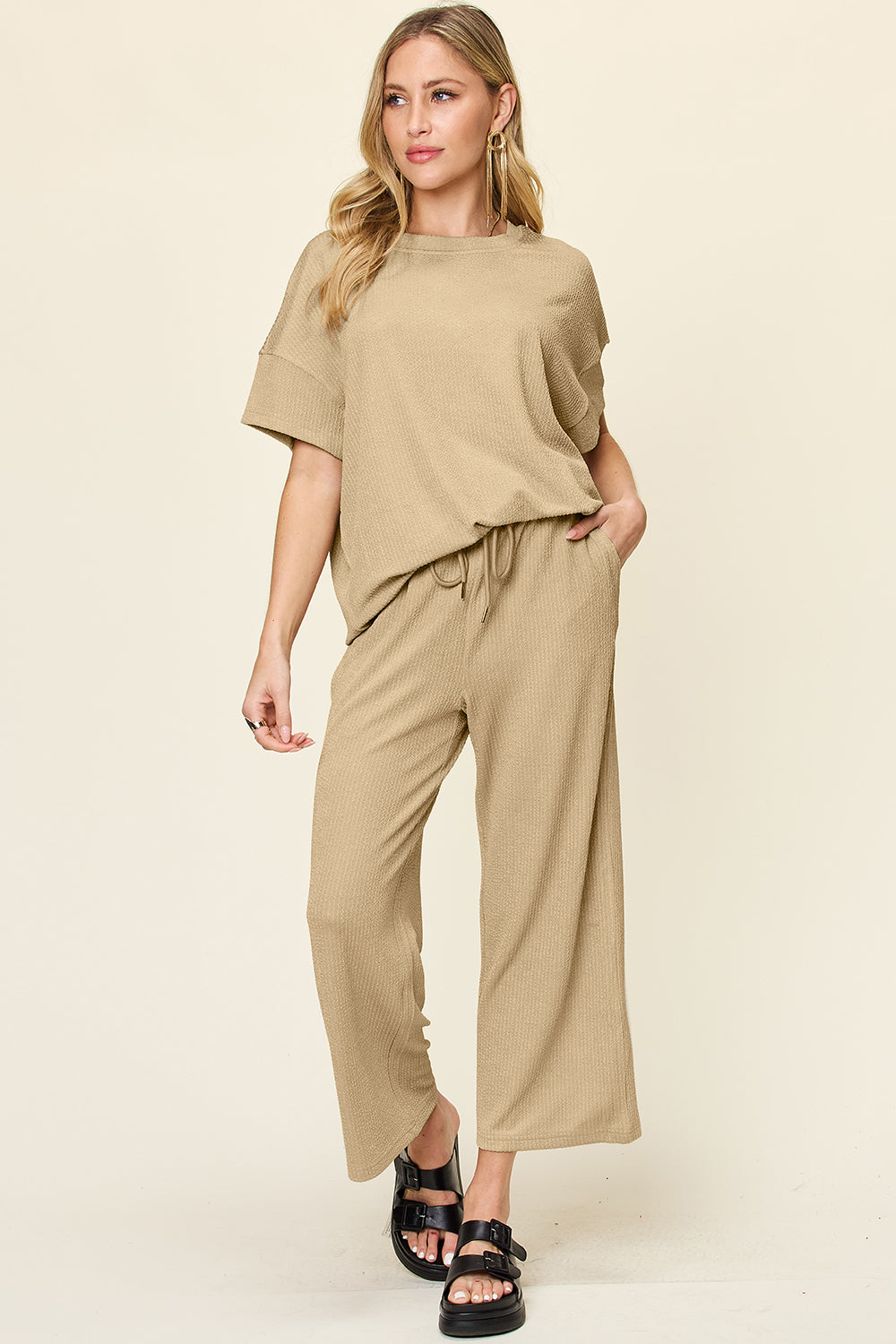 DOUBLE TAKE Full Size Texture Round Neck Short Sleeve T-Shirt and Wide Leg Pants