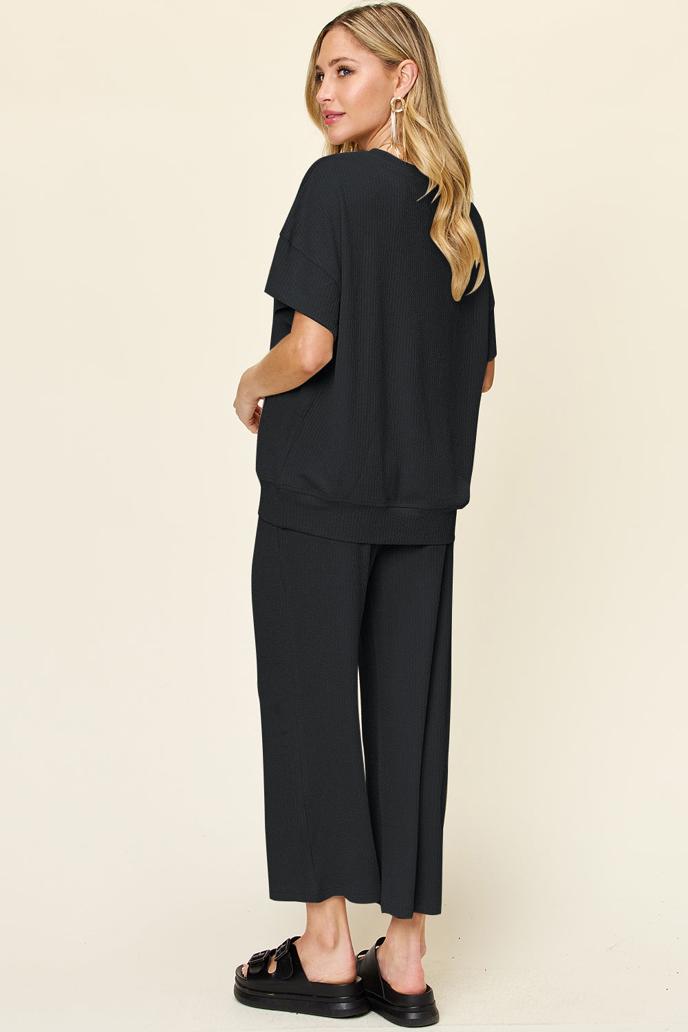 DOUBLE TAKE Full Size Texture Round Neck Short Sleeve T-Shirt and Wide Leg Pants