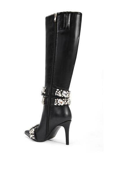 AZALEA WANG -ALONZA Women's Black Embellished Stiletto Boots