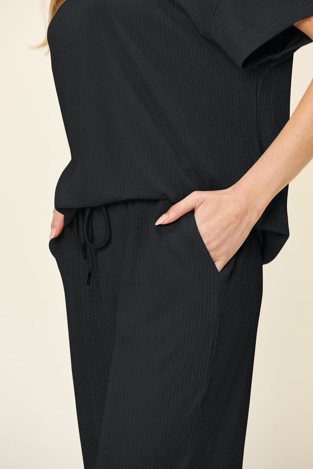 DOUBLE TAKE Full Size Texture Round Neck Short Sleeve T-Shirt and Wide Leg Pants