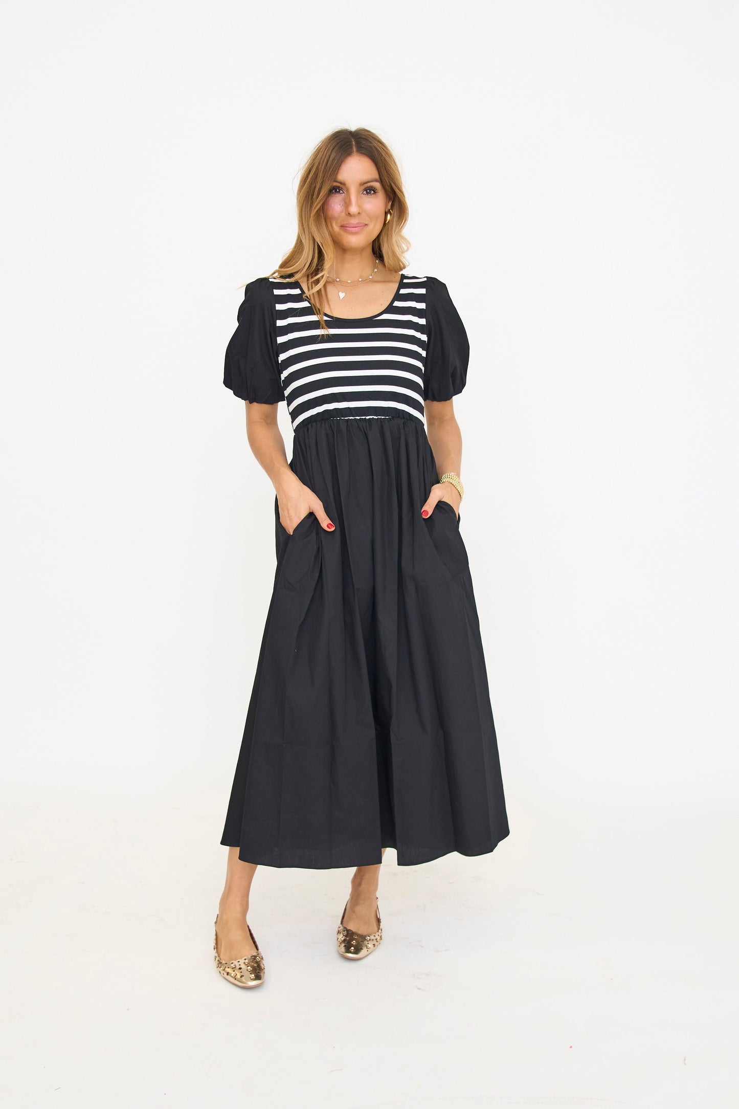 ANNIEWEAR Women's Balloon Sleeve Mixed Media Midi Dress