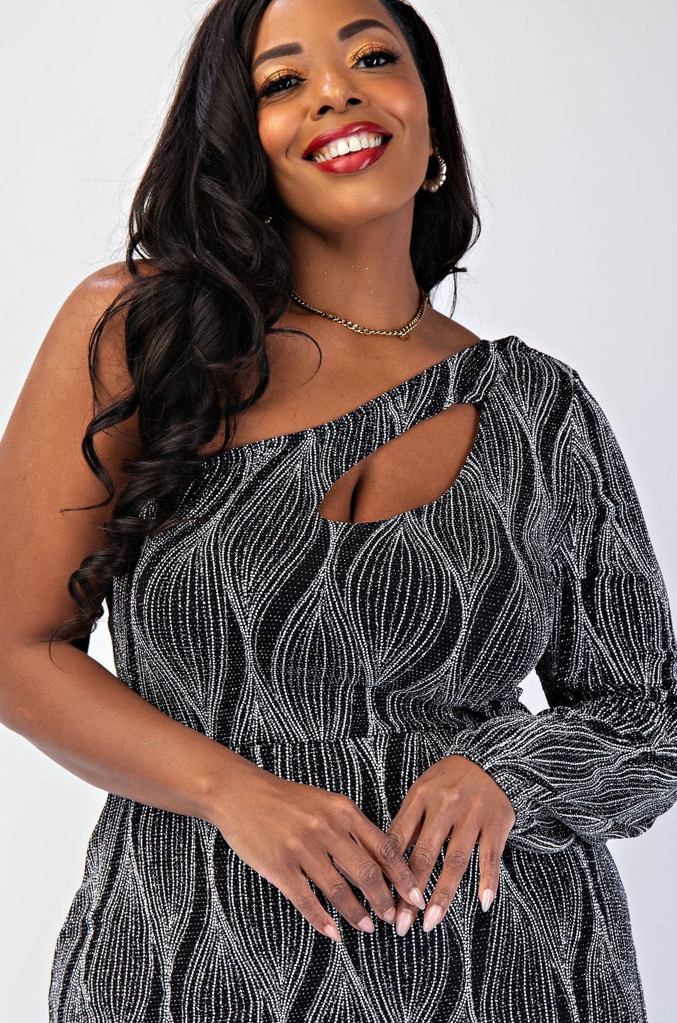 SABRINA Women's Plus-size Glitter Knit One-Shoulder Dress with Cutout