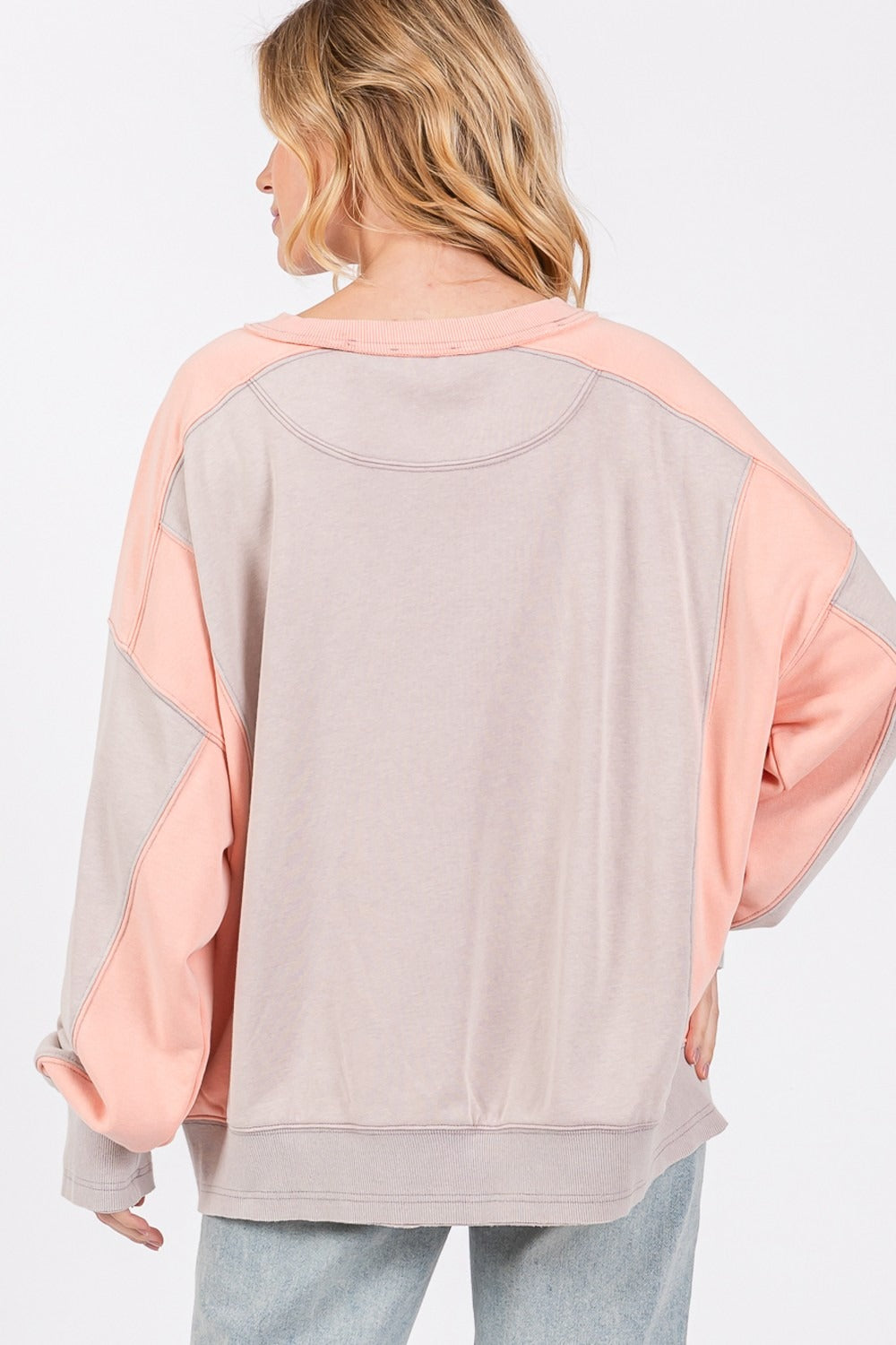 SAGE + FIG Grey-Peach Color Contrast Round Neck Sweatshirt