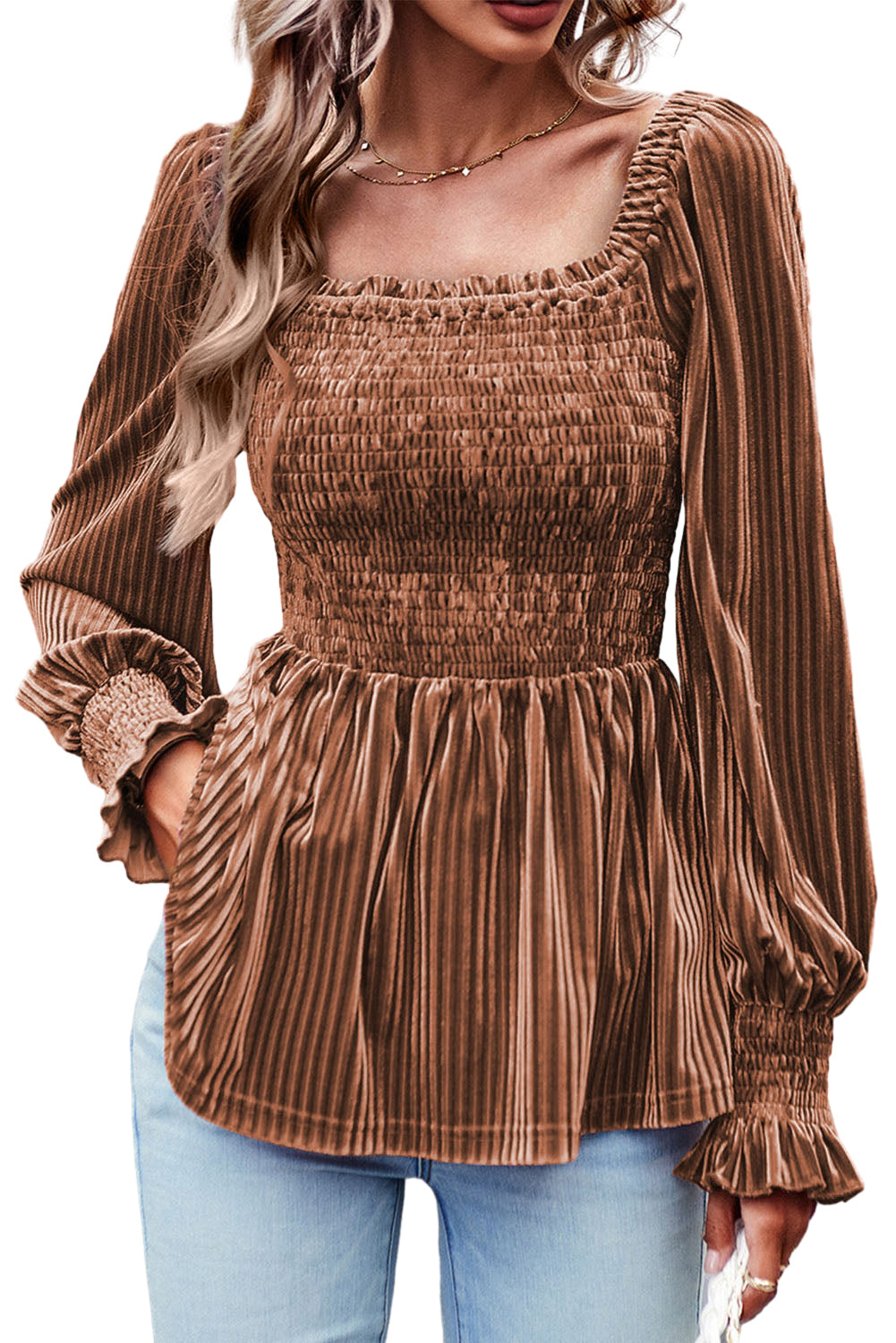 Brown Tie Back Square Neck Velvet Babydoll Dress