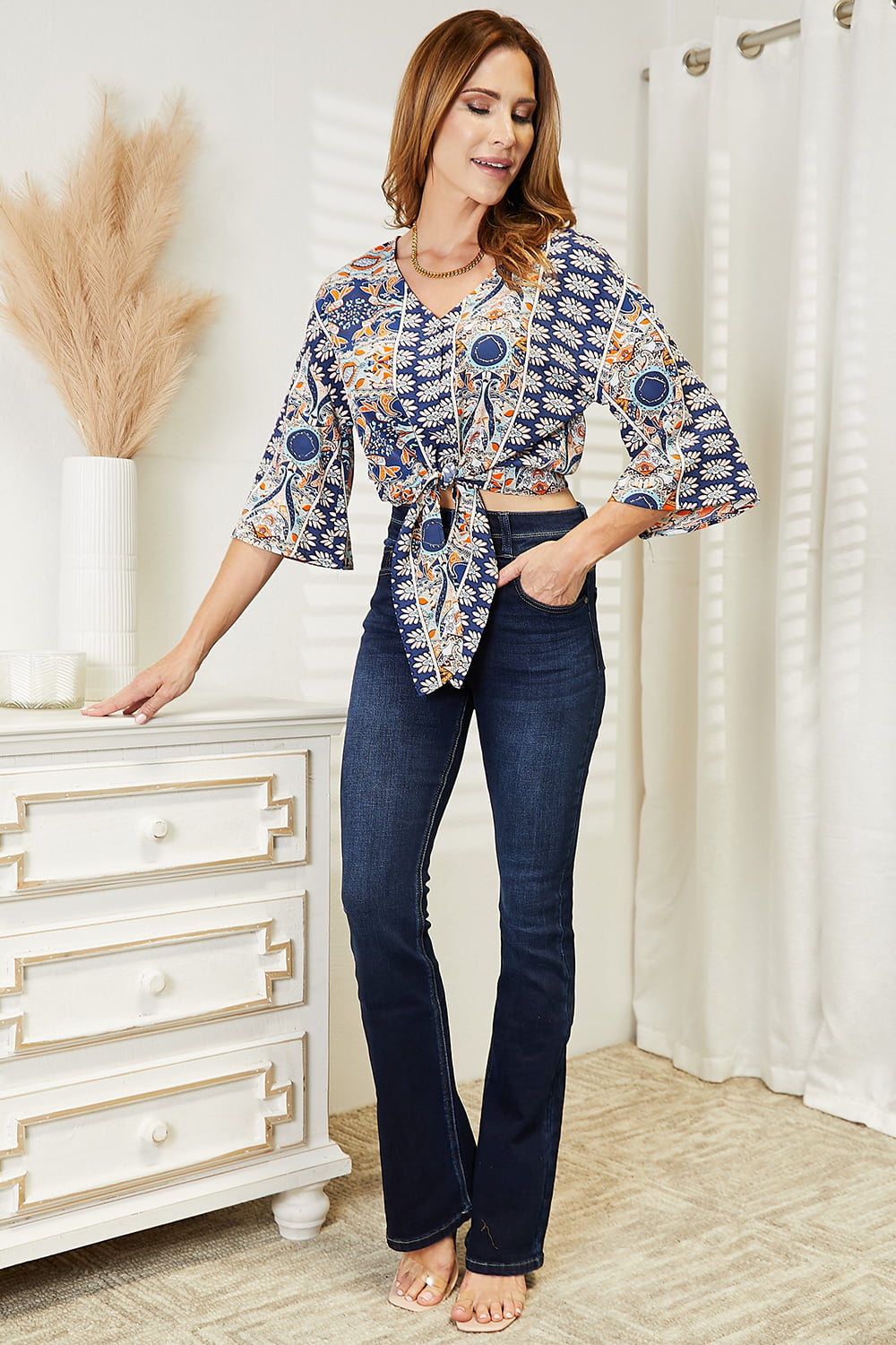 YO Tie Hem V-Neck Three-Quarter Sleeve Blouse