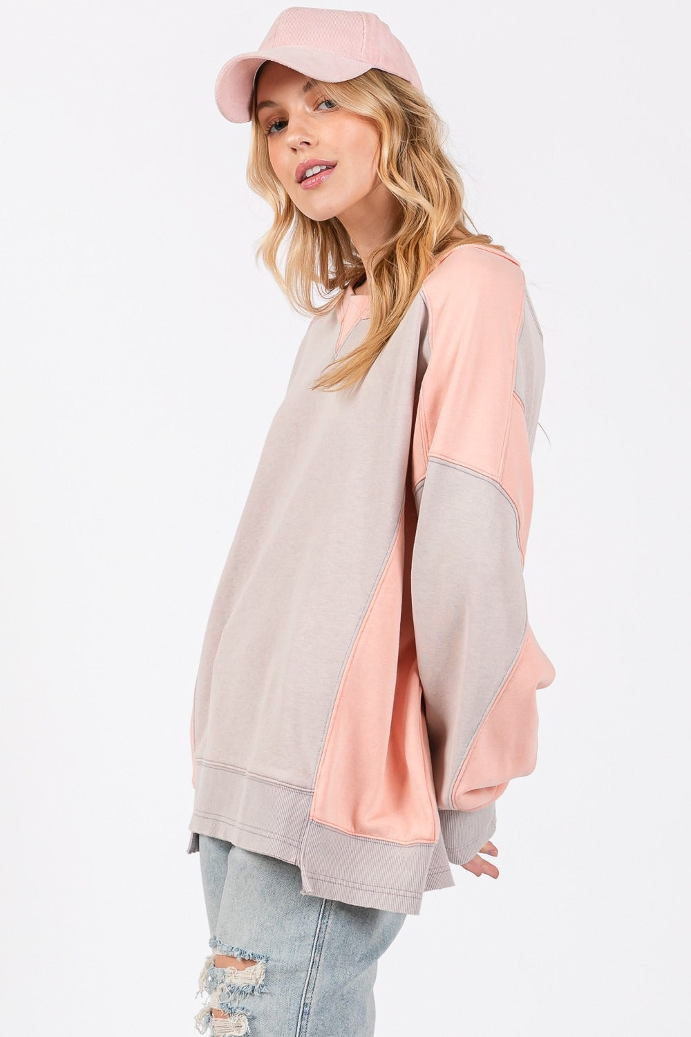 SAGE + FIG Grey-Peach Color Contrast Round Neck Sweatshirt