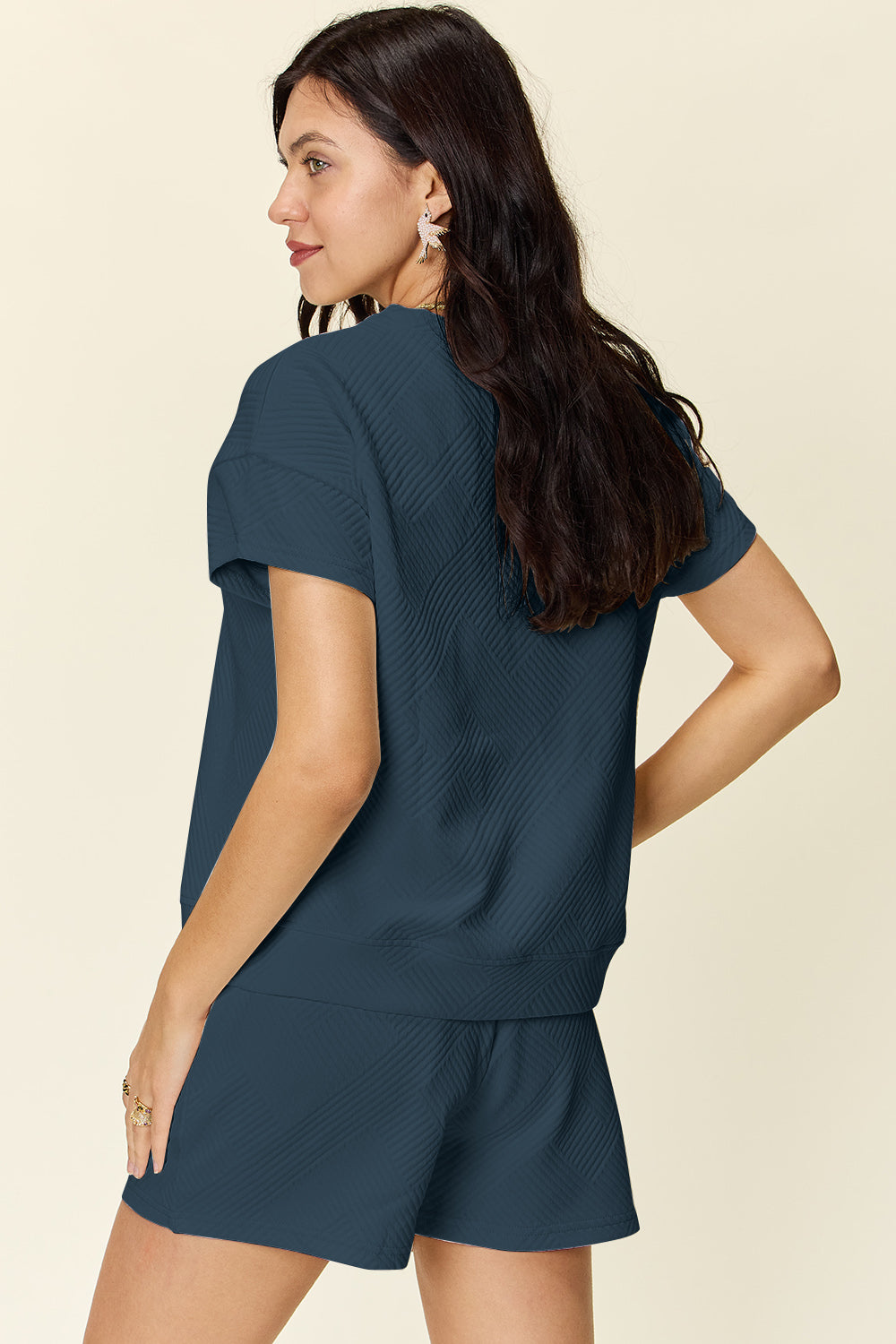 DOUBLE TAKE Full Size Texture Short Sleeve T-Shirt and Drawstring Shorts Set