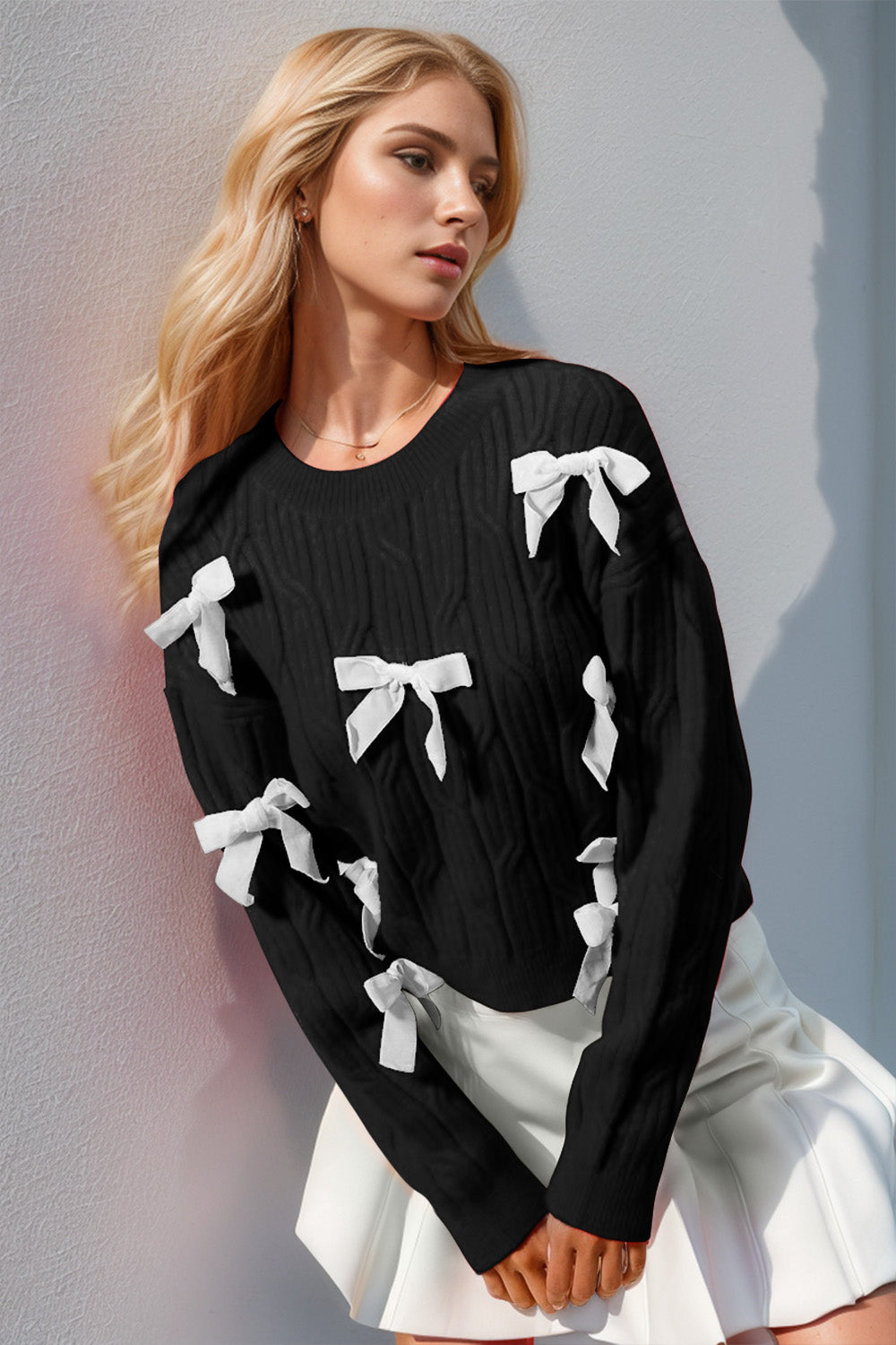 DOUBLE Full Size Bow Cable-Knit Round Neck Sweater