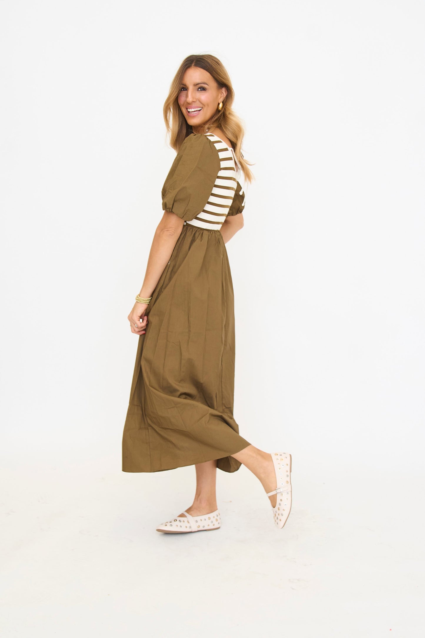 ANNIEWEAR Women's Balloon Sleeve Mixed Media Midi Dress