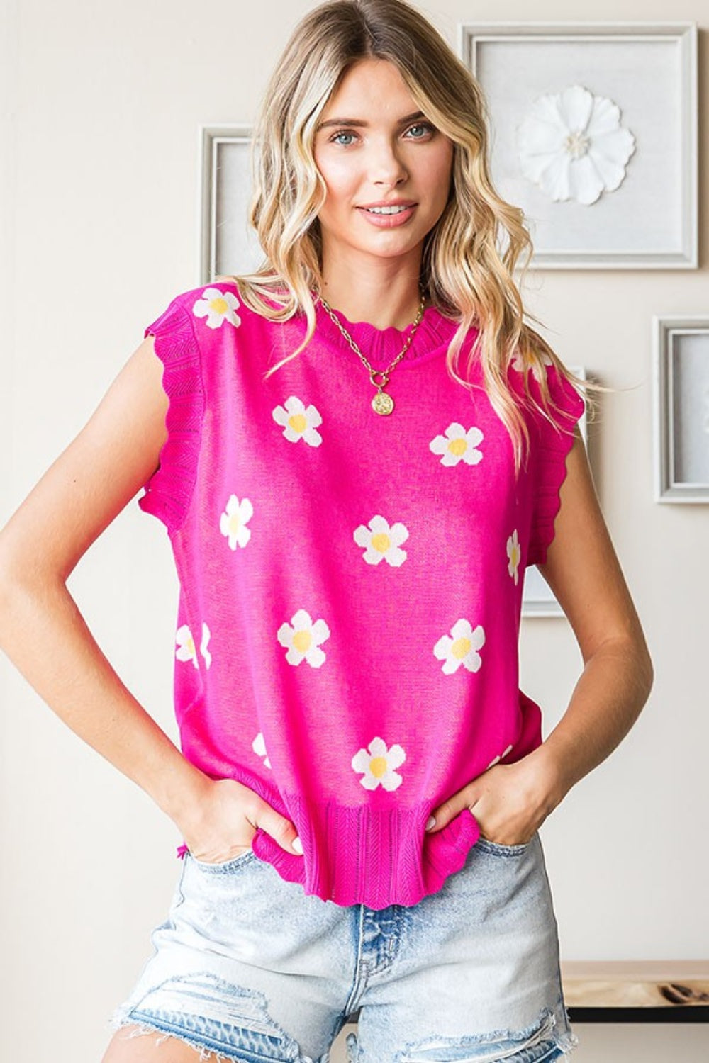 FIRST LOVE Fuchsia Full Size Flower Pattern Round Neck Sweater Vest