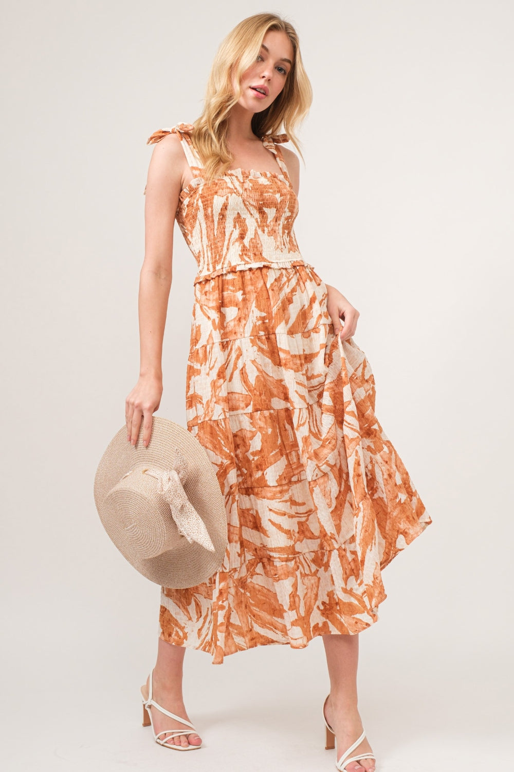 AND THE WHY Hazelnut Tie Shoulder Smocked Midi Tiered Dress
