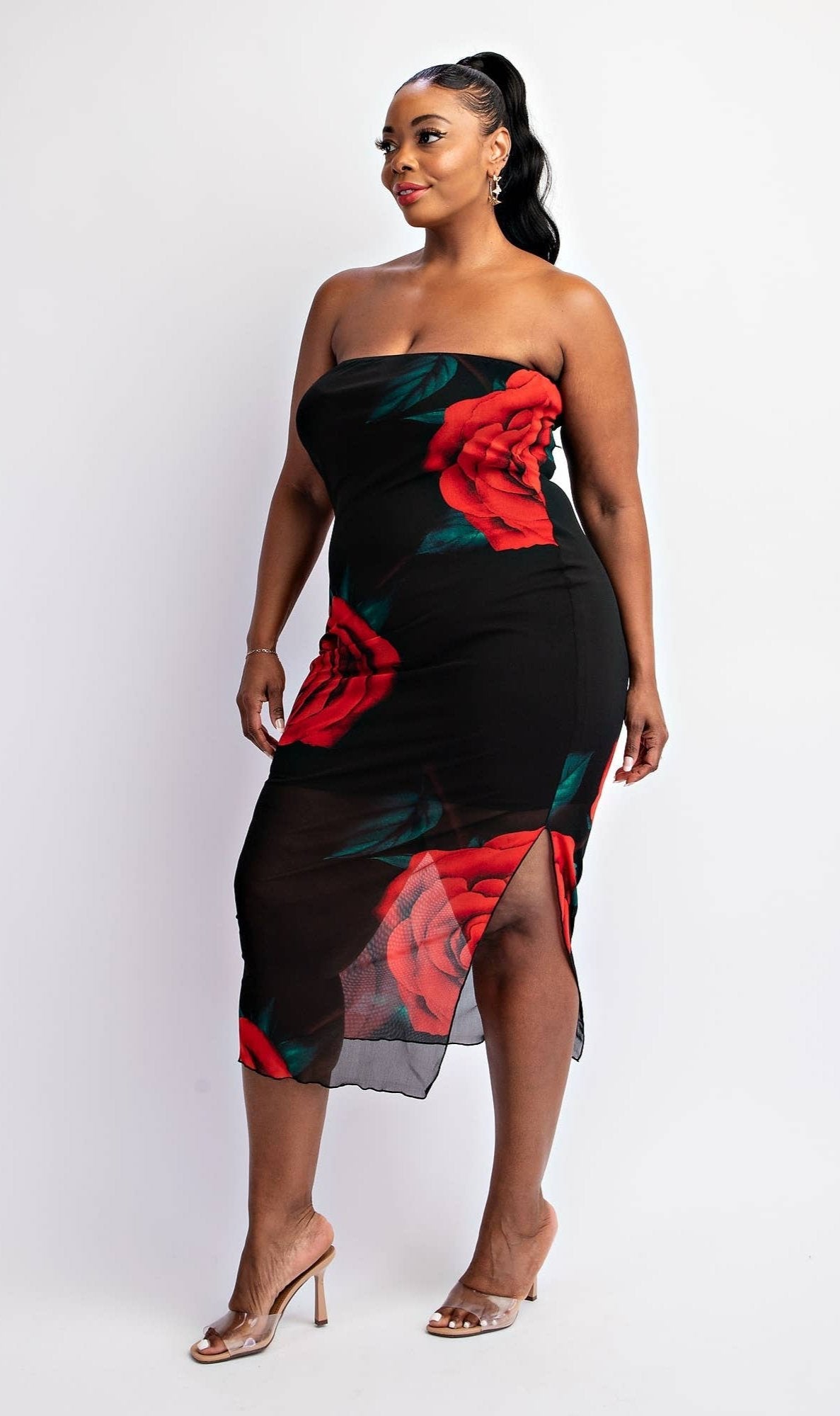 EMILIA Women's Plus-size Mesh Print Strapless Dress with Slit