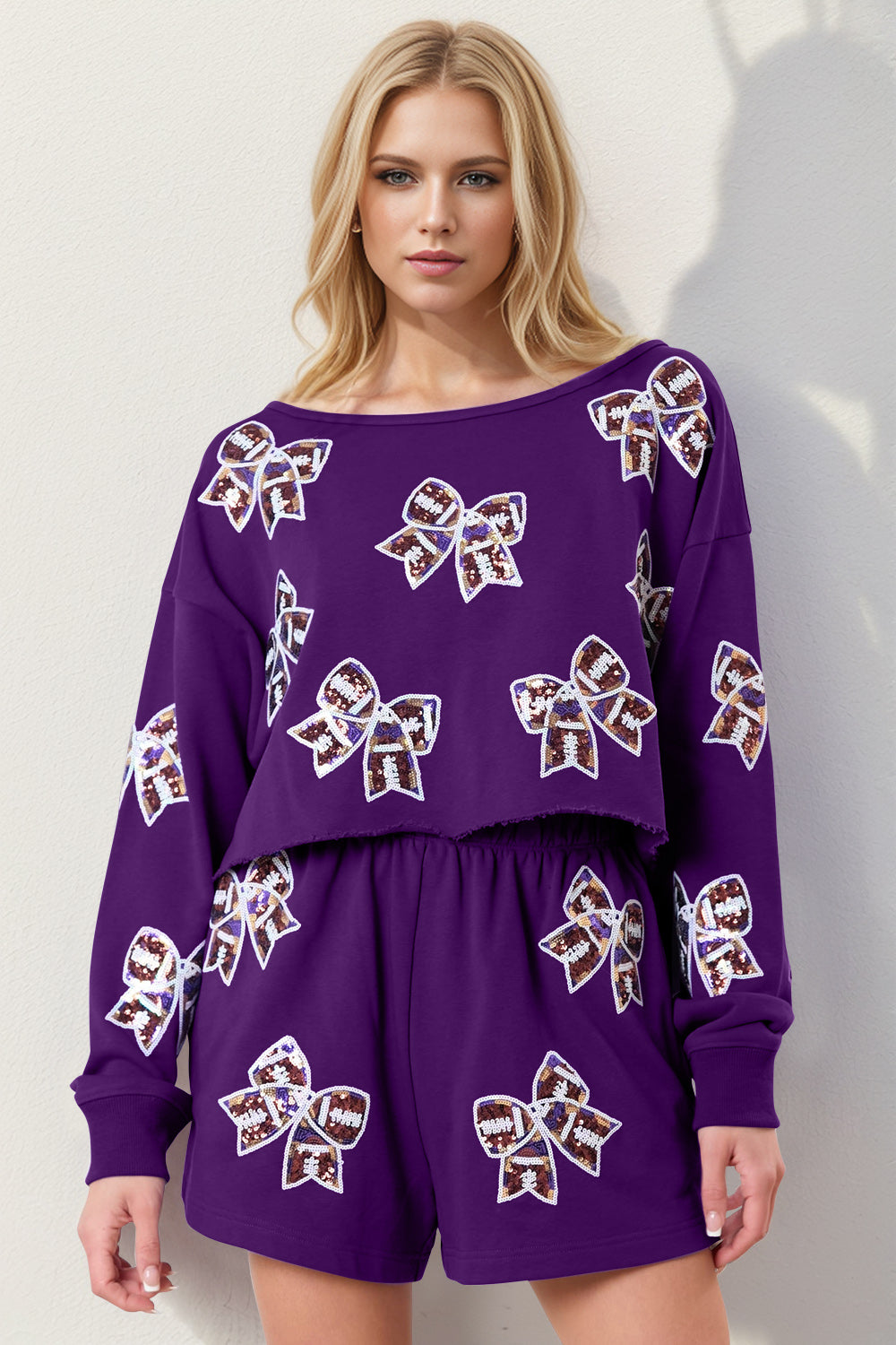 DOUBLE TAKE Women's 2 Piece Purple Cropped Sweatshirt and Shorts Set with Sequin Bow