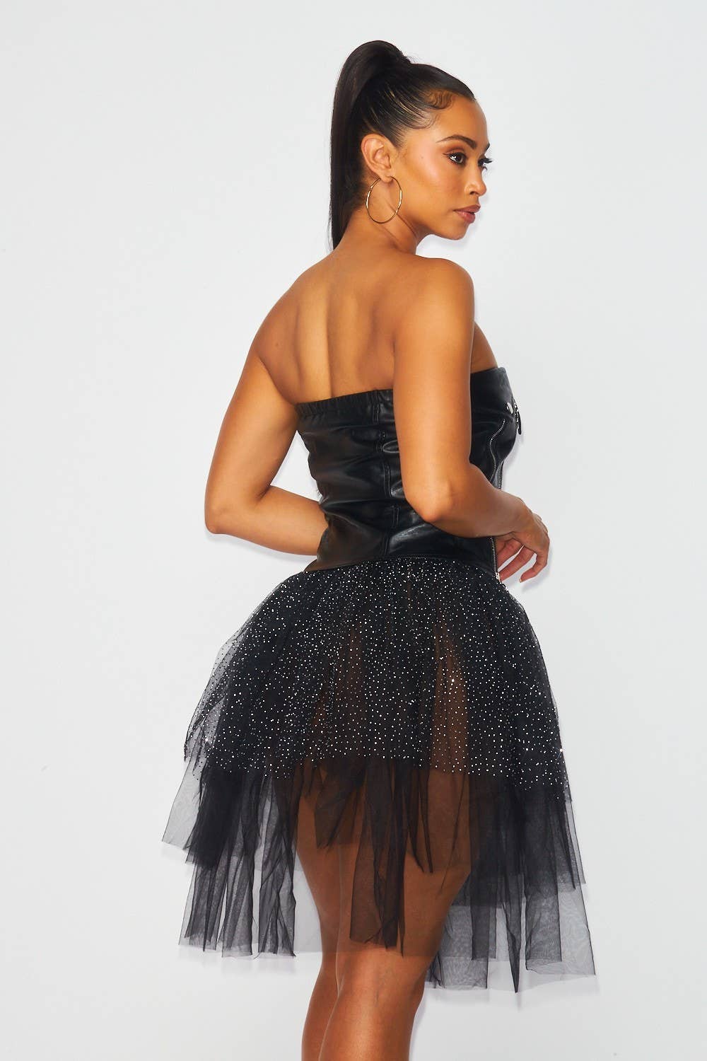 KAYLA Women's Black Contrast Mesh Faux Leather Zipper Detail Tutu Strapless Dress