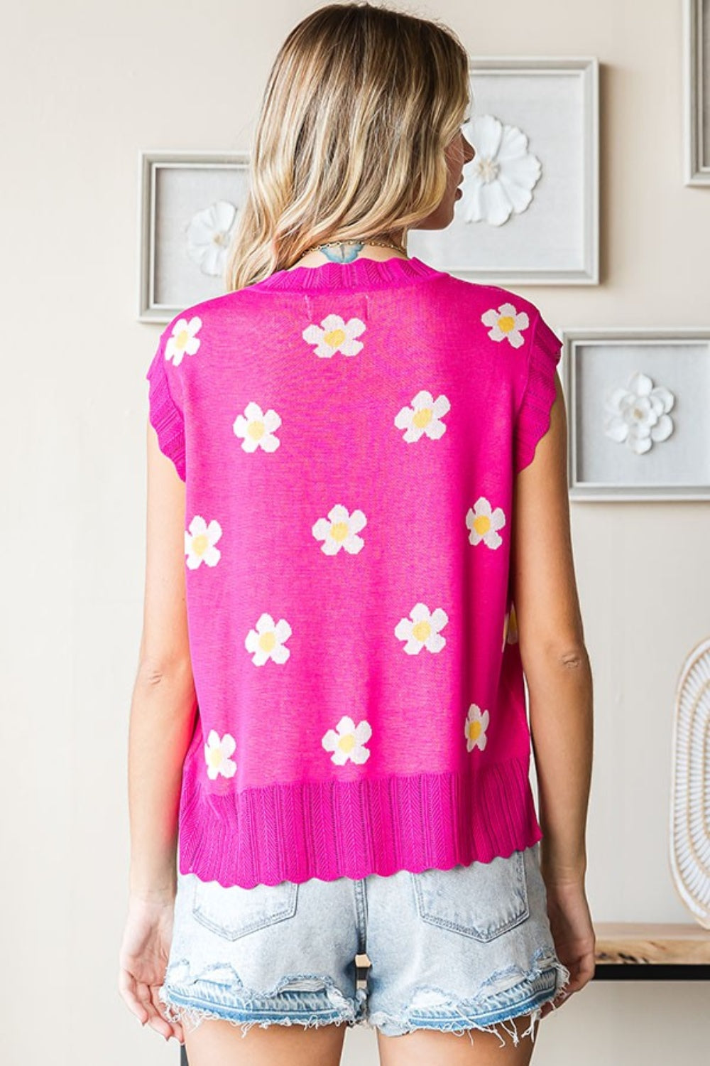 FIRST LOVE Fuchsia Full Size Flower Pattern Round Neck Sweater Vest