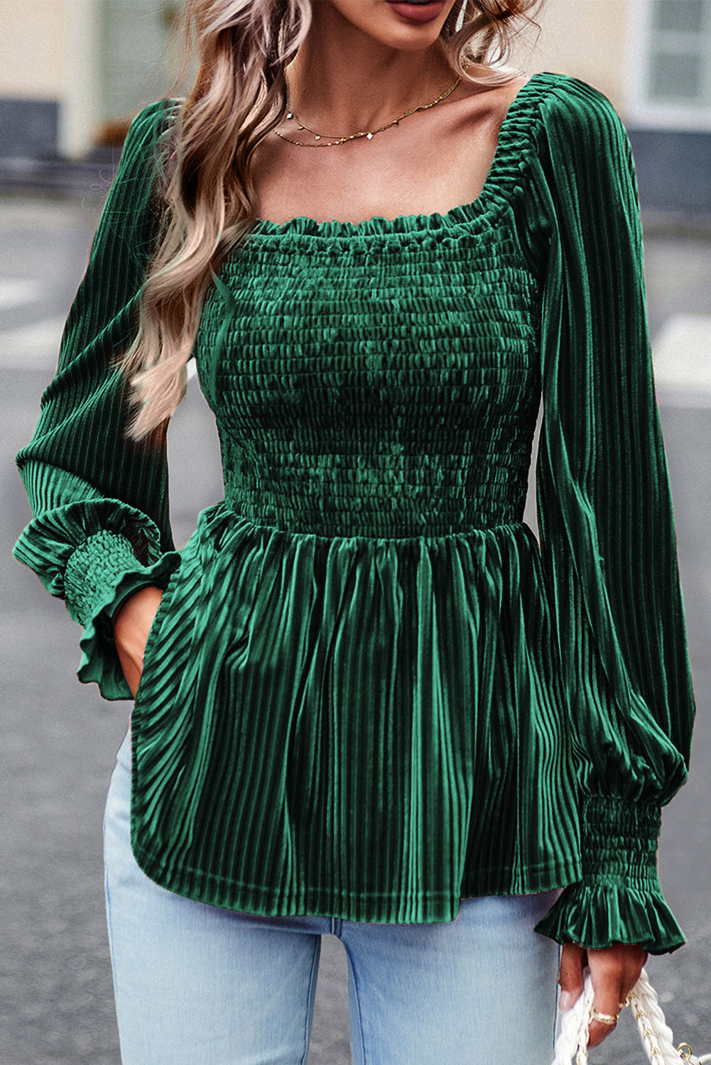 Brown Tie Back Square Neck Velvet Babydoll Dress