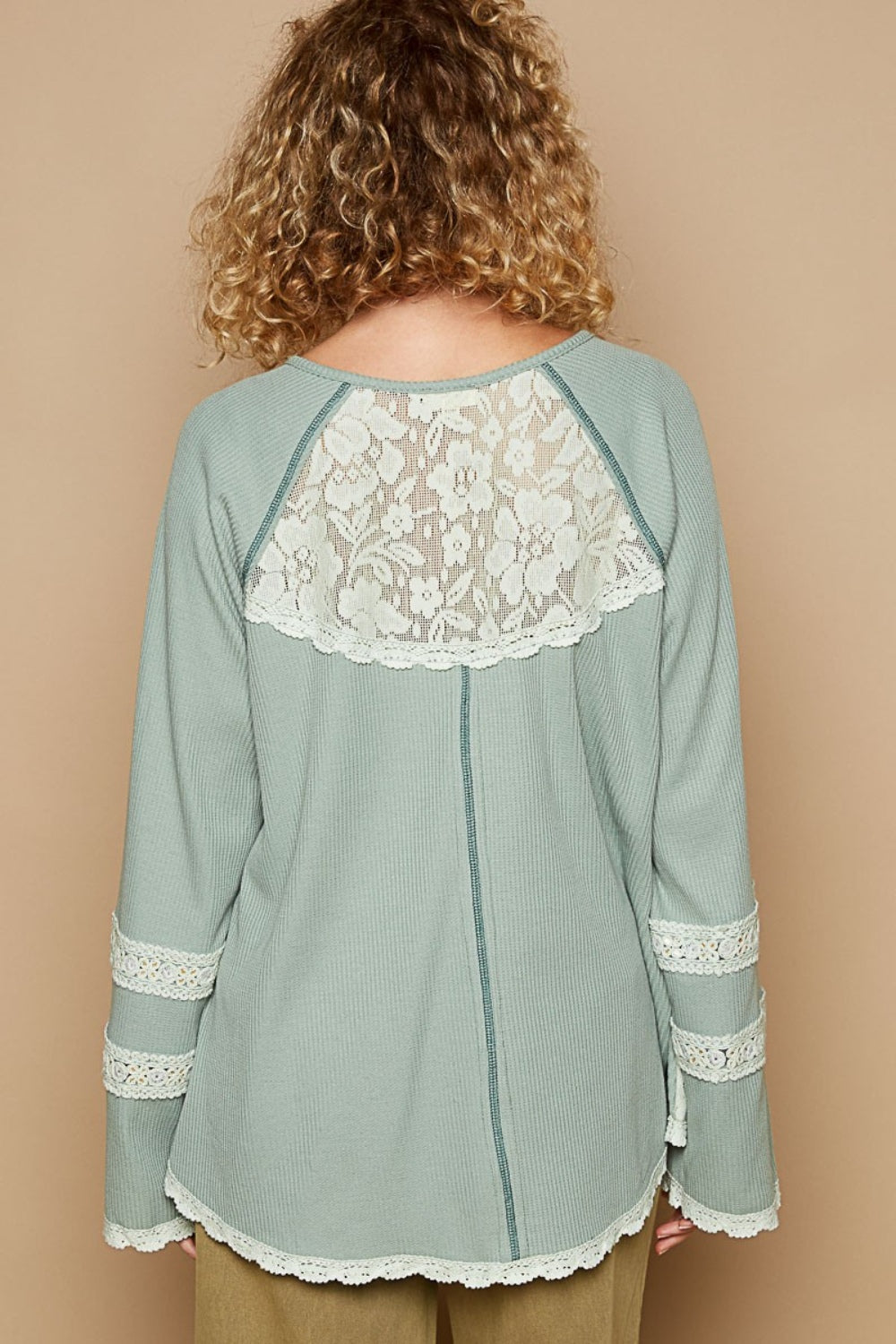 POL Women's Forest Green Round Neck Long Sleeve Lace Trim Thermal Top