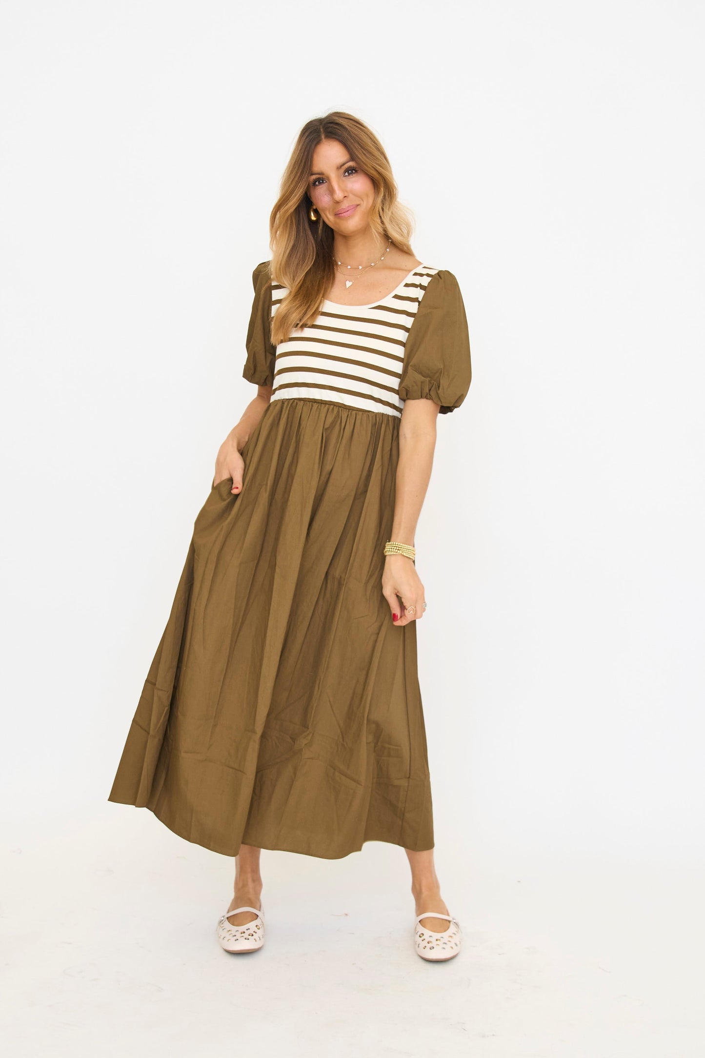 ANNIEWEAR Women's Balloon Sleeve Mixed Media Midi Dress