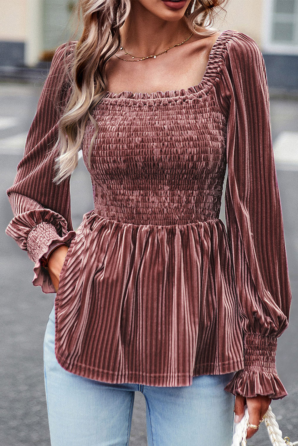 Brown Tie Back Square Neck Velvet Babydoll Dress