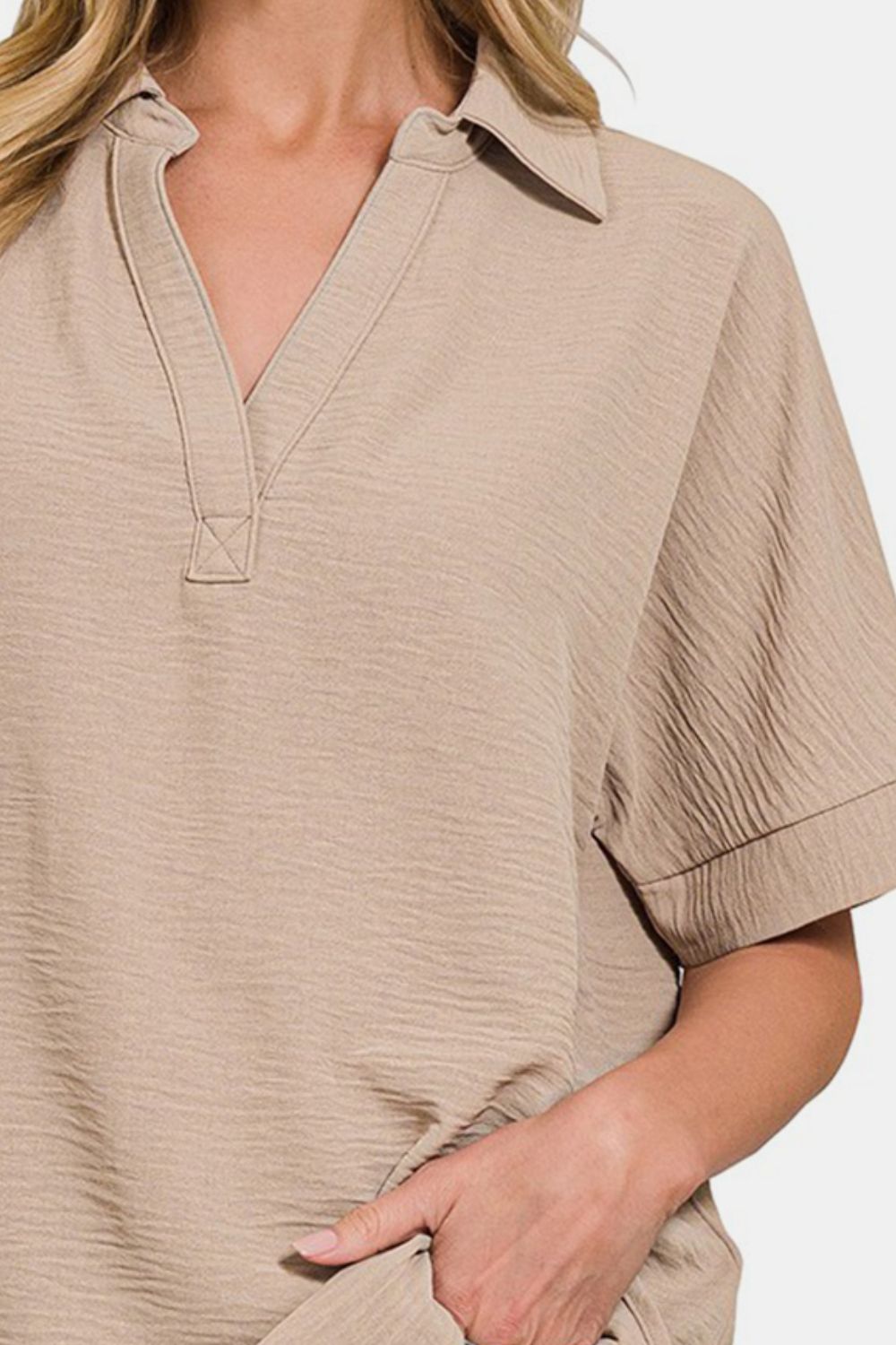 ZENANA Texture Mocha Collared Neck Short Sleeve Top