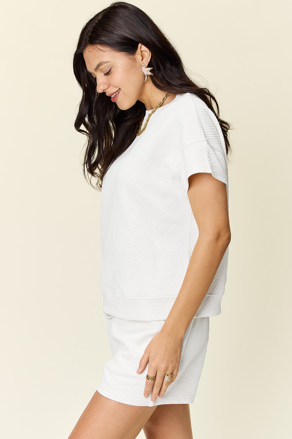 DOUBLE TAKE Full Size Texture Short Sleeve T-Shirt and Drawstring Shorts Set