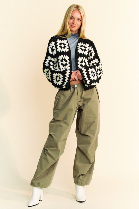 DAVI & DANI Full Size Two Tone Flower Square Crochet Open Front Cardigan