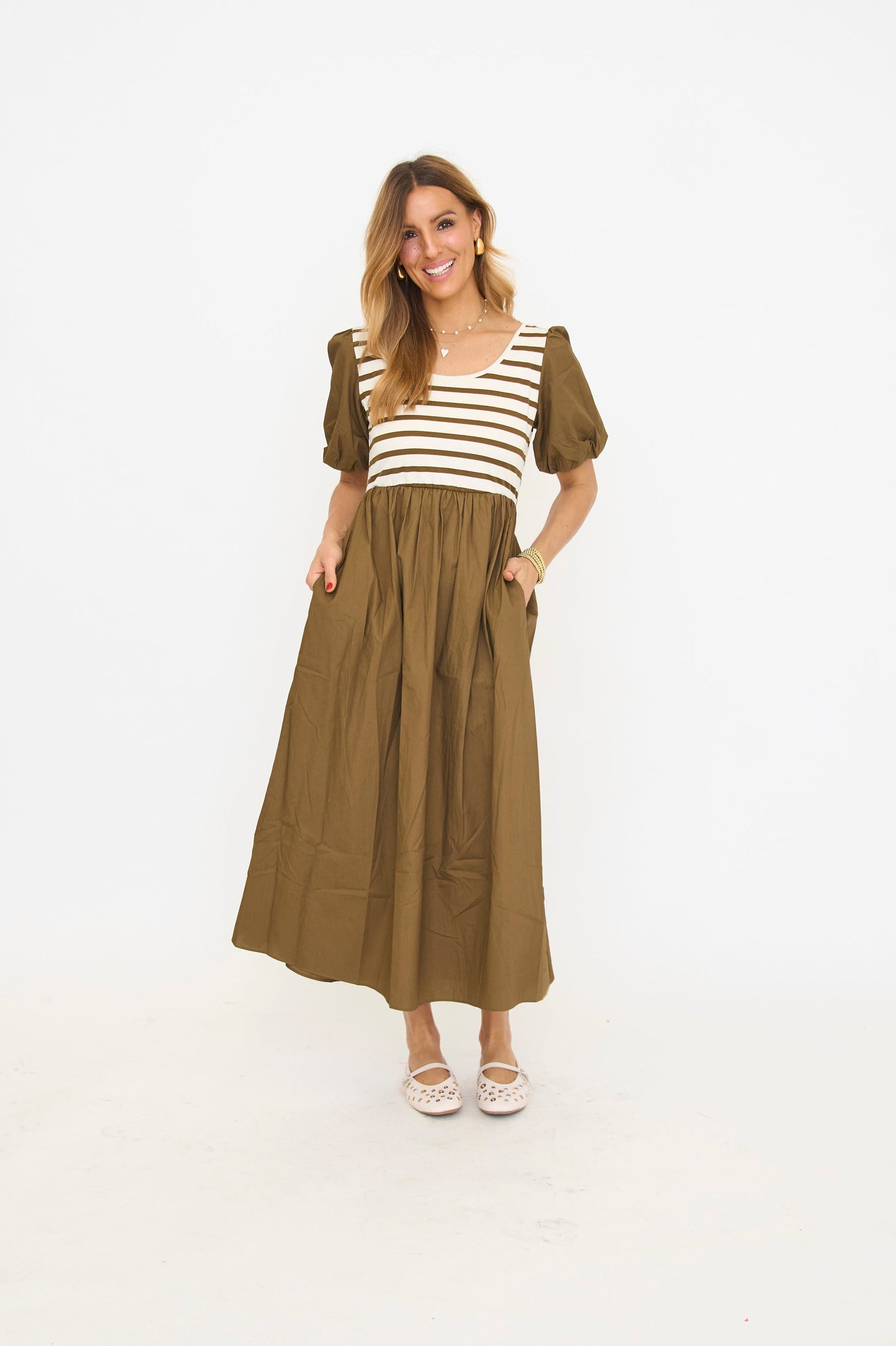 ANNIEWEAR Women's Balloon Sleeve Mixed Media Midi Dress