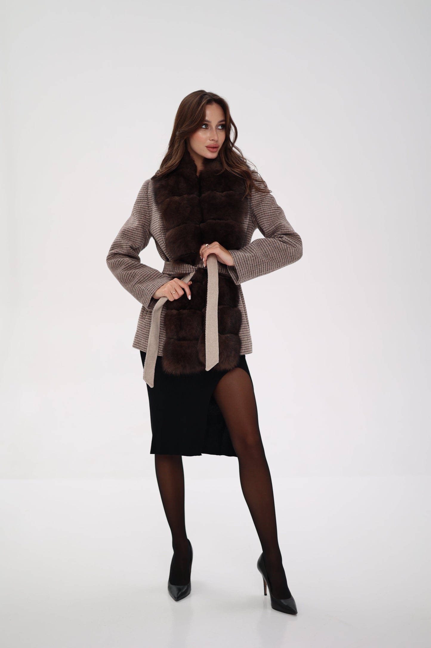 Genuine Polar Fox Fur Virgin Wool Coat in Dark Beige