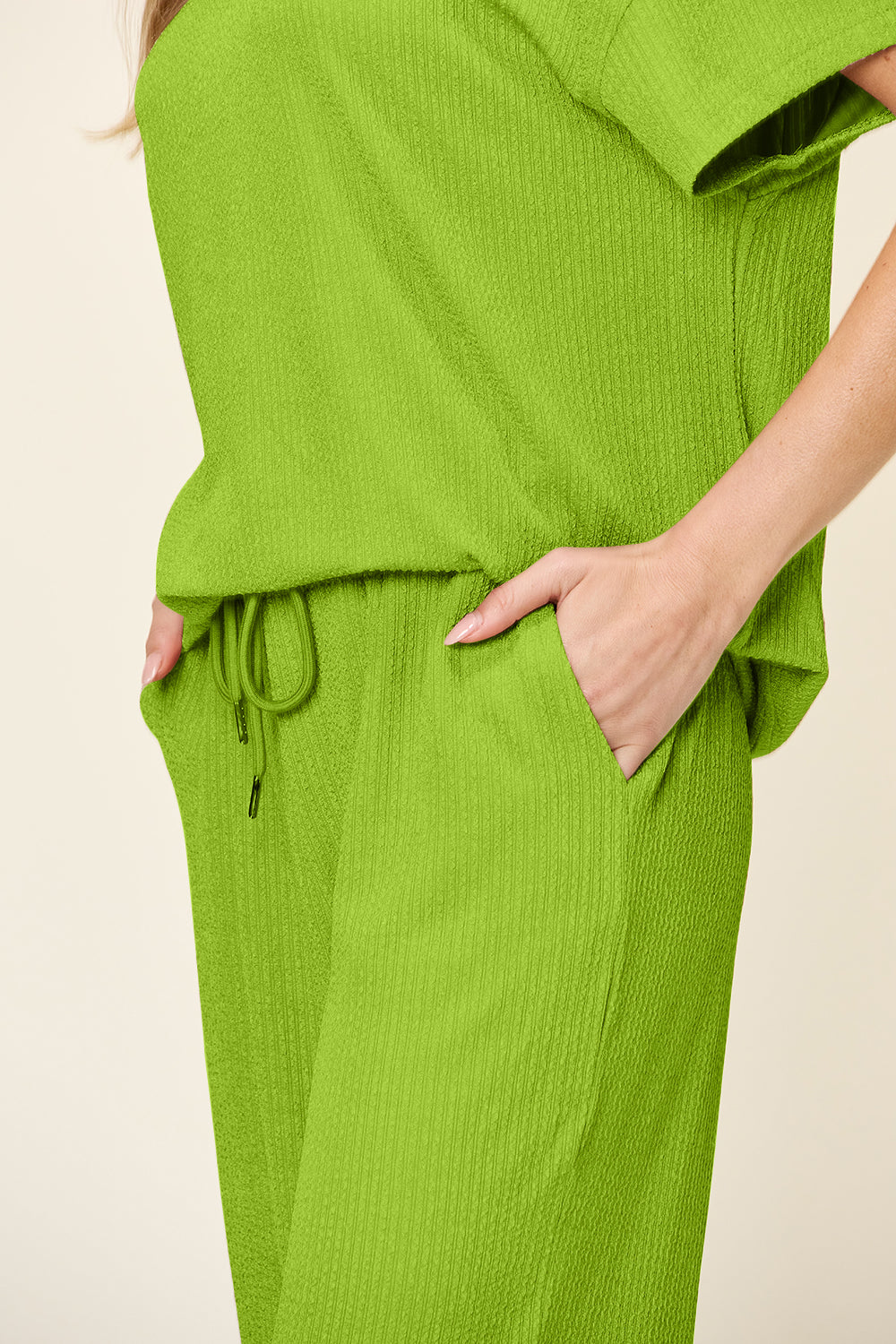 DOUBLE TAKE Full Size Texture Round Neck Short Sleeve T-Shirt and Wide Leg Pants