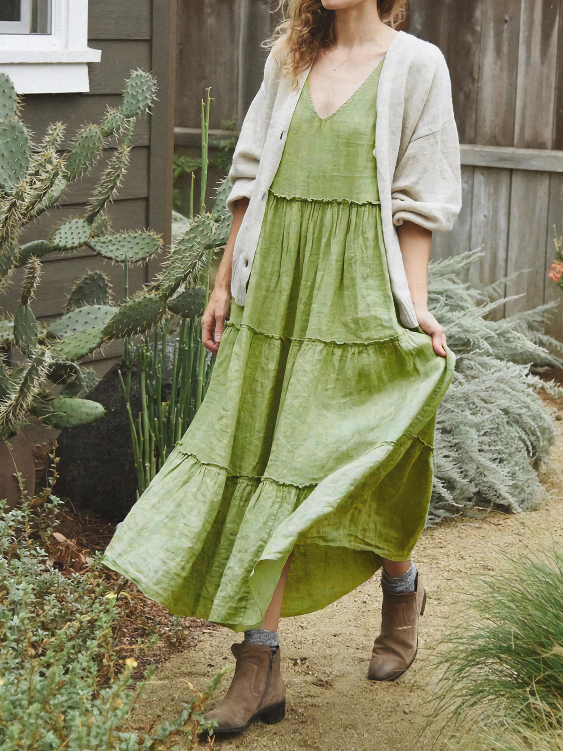 Green Tiered Boho V-Neck Sleeveless Dress