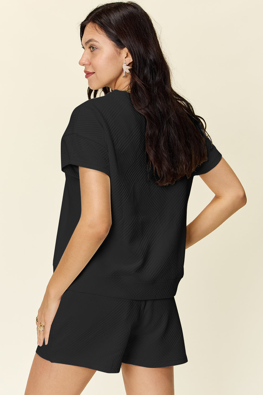 DOUBLE TAKE Full Size Texture Short Sleeve T-Shirt and Drawstring Shorts Set