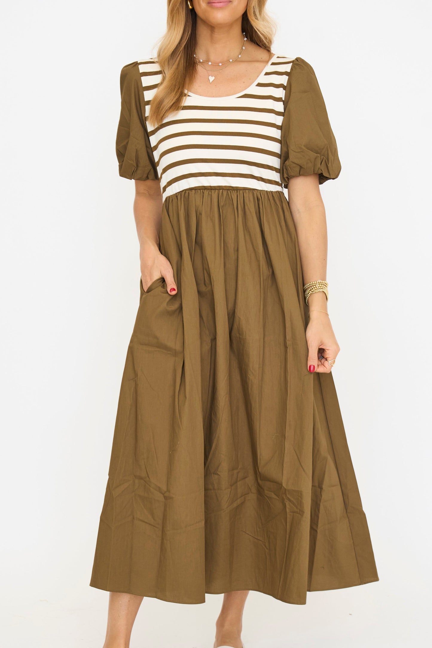 ANNIEWEAR Women's Balloon Sleeve Mixed Media Midi Dress