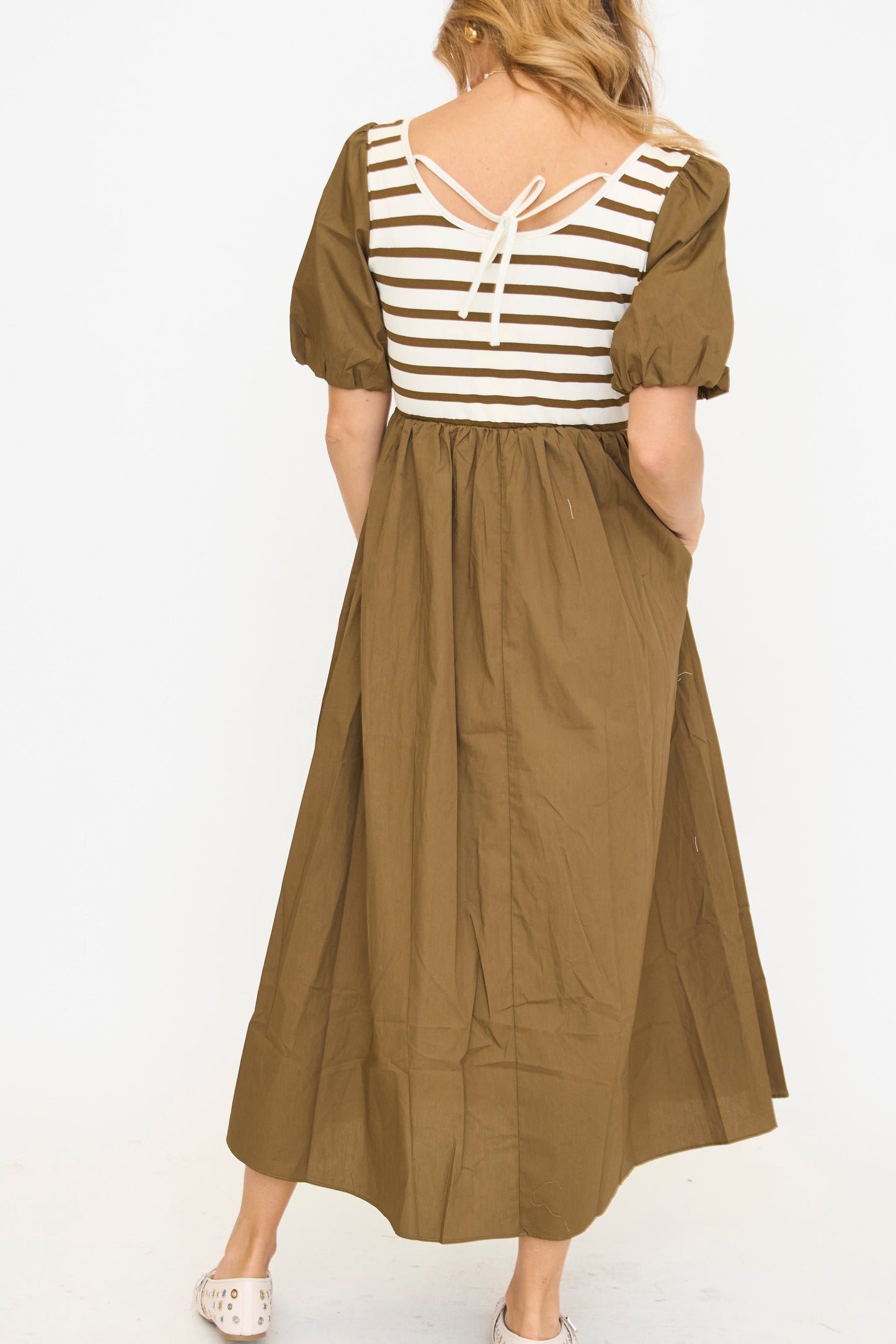 ANNIEWEAR Women's Balloon Sleeve Mixed Media Midi Dress
